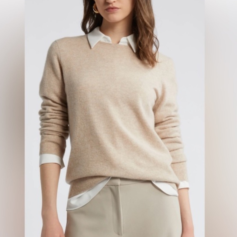 Nordstrom 100% Cashmere Crewneck Sweater Medium Natural Tan Quiet Luxury Classic